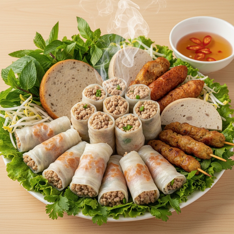 dĩa bánh cuốn với nhiều loại chả, rau 
nhìn bắt mắt, nghệ...