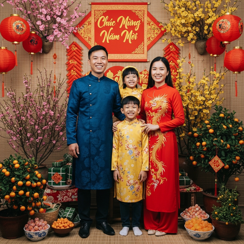 Một gia đình mặc áo dài truyền thống tươi cười trước không...