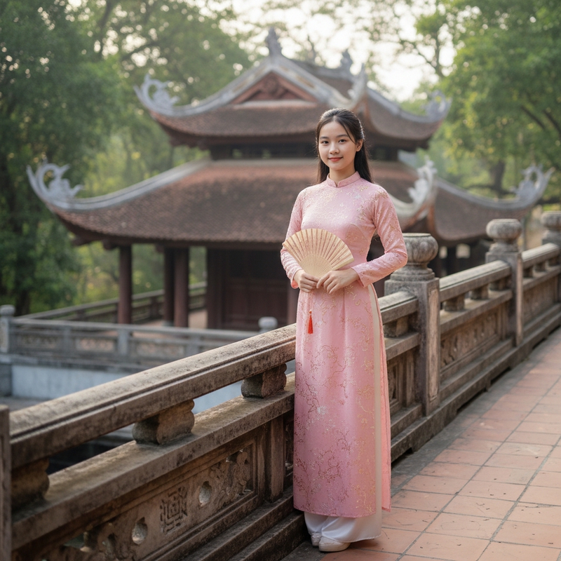 Một cô gái tuổi tầm 17 tuổi cao 1m45 cô mặc áo dài màu hồng có...