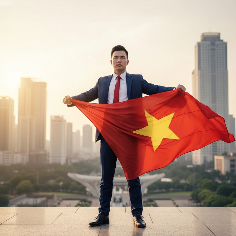 Một người nam mặt ves cầm cờ việt nam . Với đặc điểm phong...