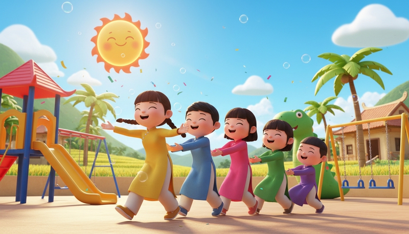 Nhóm năm sáu bạn nhỏ túm áo nhau thành rồng rắn, sân chơi ngoài...