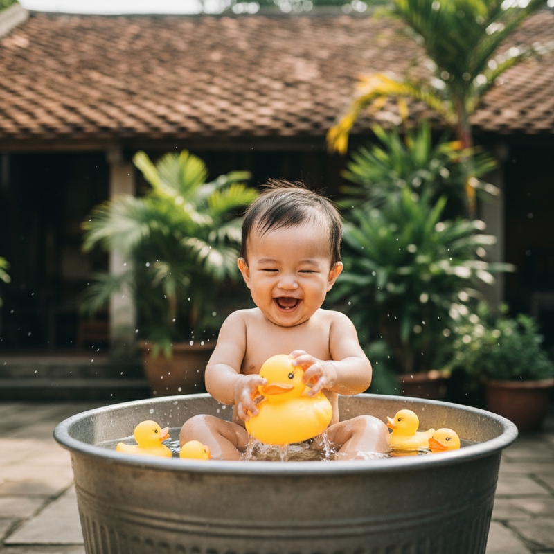 Ảnh bé với vịt vàng . Với đặc điểm phong cách thực tế . Nếu...
