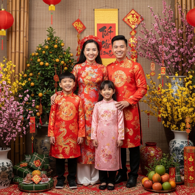 Một gia đình mặc áo dài truyền thống tươi cười trước không...