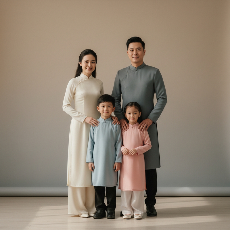 Một gia đình mặc áo dài truyền thống tươi cười trước không...