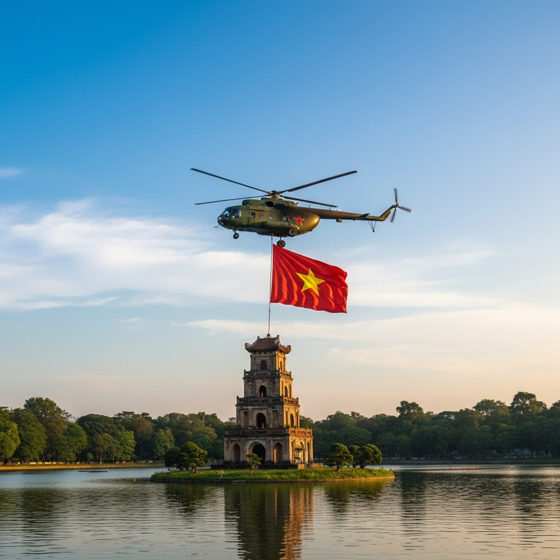 tạo ảnh máy bay trực thăng treo cờ bay ngang trên tháp rùa ....