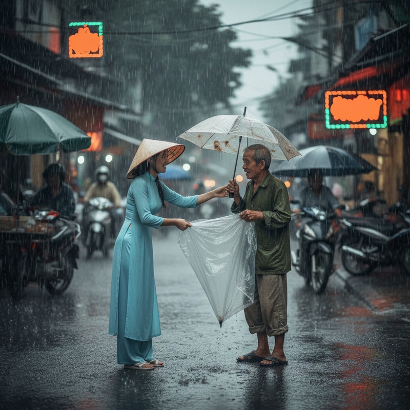 ảnh hai người châu á giúp đỡ tặng nhau áo mưa khi đang đi ngoài...