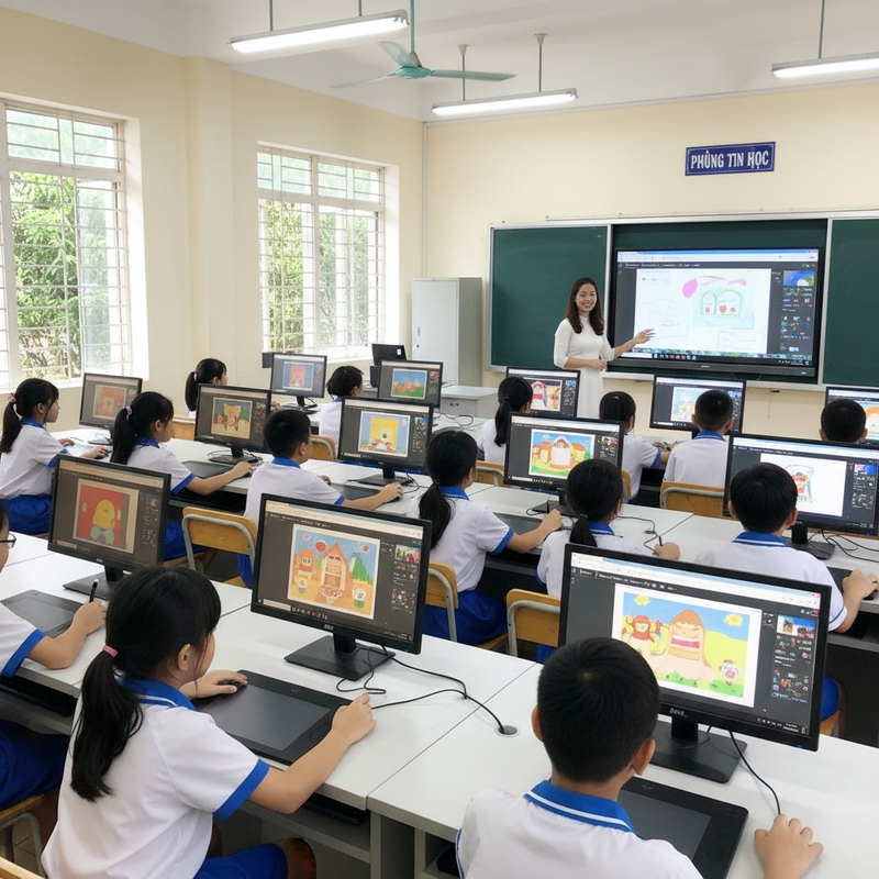Cô giáo dạy môn tin học mặc áo dài trắng tại phòng tin học sinh...