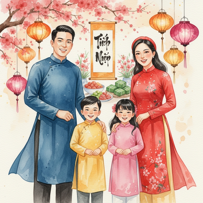 Một gia đình mặc áo dài truyền thống tươi cười trước không...