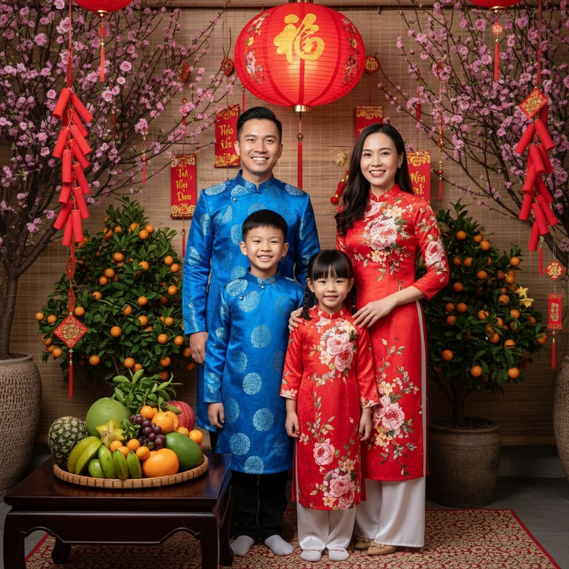 Một gia đình mặc áo dài truyền thống tươi cười trước không...