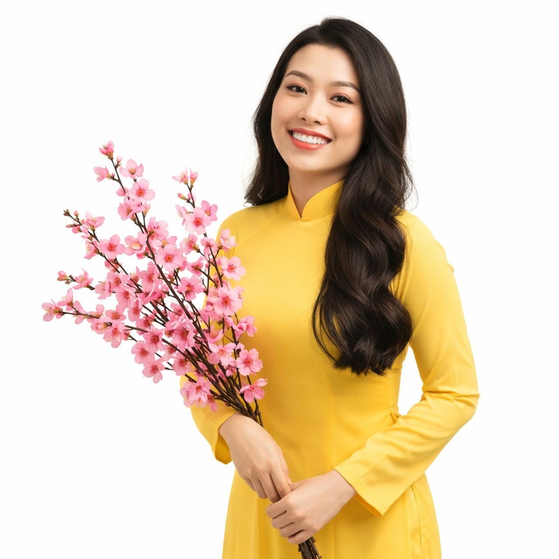Cô gái, mỉm cười, phụ nữ, áo dài vàng, cầm nhành đào, hoa đào hồng, tết nguyên đán, truyền thống việt nam, dịu dàng, trang phục dân tộc, girl, smiling, woman, yellow ao dai 9