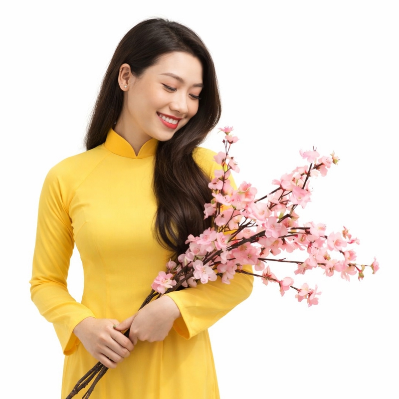Cô gái, nhìn xuống mỉm cười, phụ nữ, áo dài vàng, cầm nhành đào, hoa đào hồng, tết nguyên đán, truyền thống việt nam, dịu dàng, trang phục dân tộc, girl, looking down smiling, woman, yellow ao dai 1