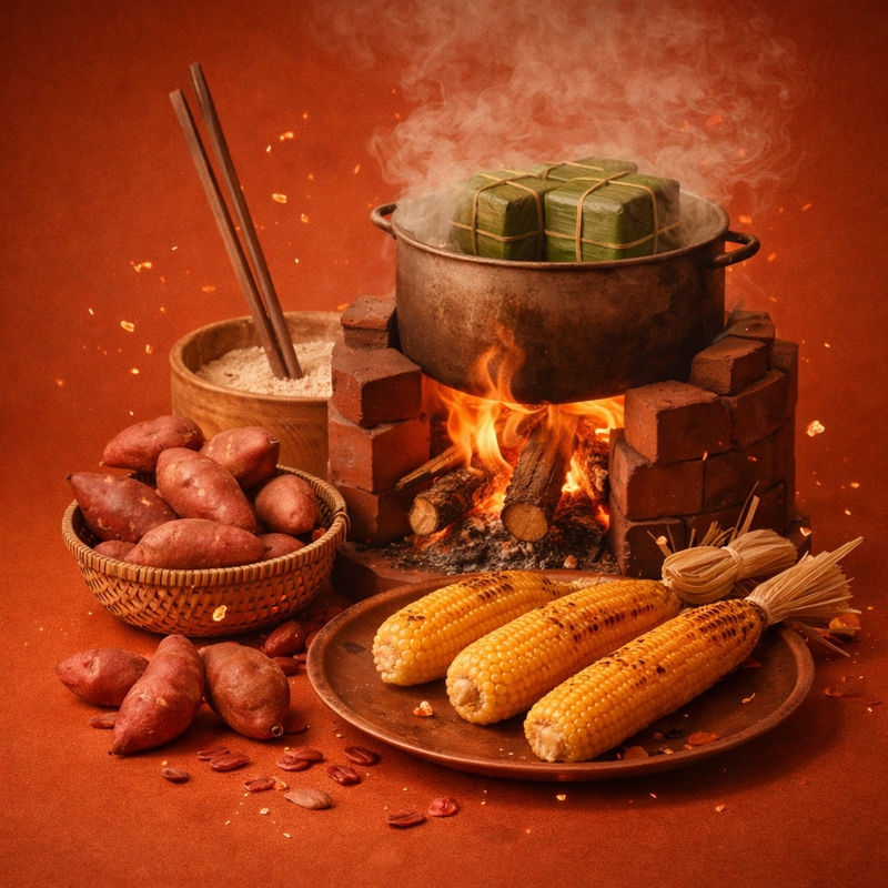 Nấu bánh chưng, bếp củi, ngô nướng, khoai lang, khói, lửa, truyền thống, nông thôn, ấm áp, cooking sticky rice cake, wood stove, grilled corn, sweet potato, smoke, fire