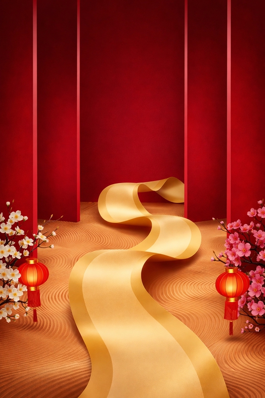 Đường mòn vàng, dải lụa vàng, đèn lồng, hoa mai, hoa đào, tường đỏ, cát, lối đi, nghệ thuật, golden path, gold ribbon, lantern, apricot blossom, cherry blossom, red wall, sand, walkway, artistic