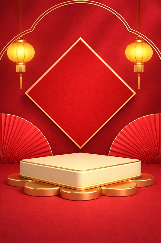Bục trưng bày, hình bông hoa, đèn lồng, quạt giấy, khung hình thoi, nền đỏ, vàng kim, tết nguyên đán, podium, flower shape, lantern, paper fan