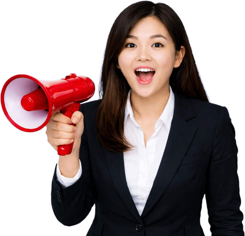 Cô gái, cầm loa thông báo