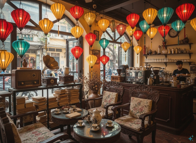 Một quán cà fe tên Yên Bình, trong quán có nhiều lồng đèn, và hay trưng bày các đò cũ đò...