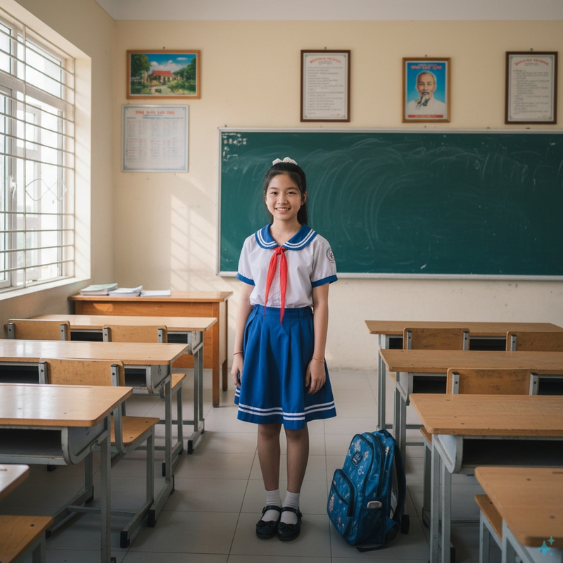 một cô bé học lớp 8 rất dễ thương  đang đứng trước lớp. . Với đặc điểm phong cách thực tế ....