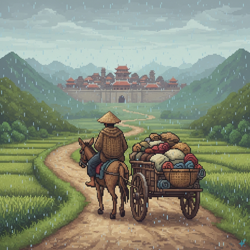 Có 1 thương nhân ngồi trên con la chở hàng hóa trên xe kéo gỗ trên đường mòn tiến đến...