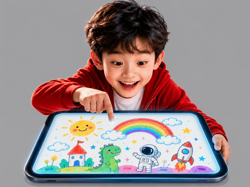 Cậu bé, chơi ipad, vẽ
