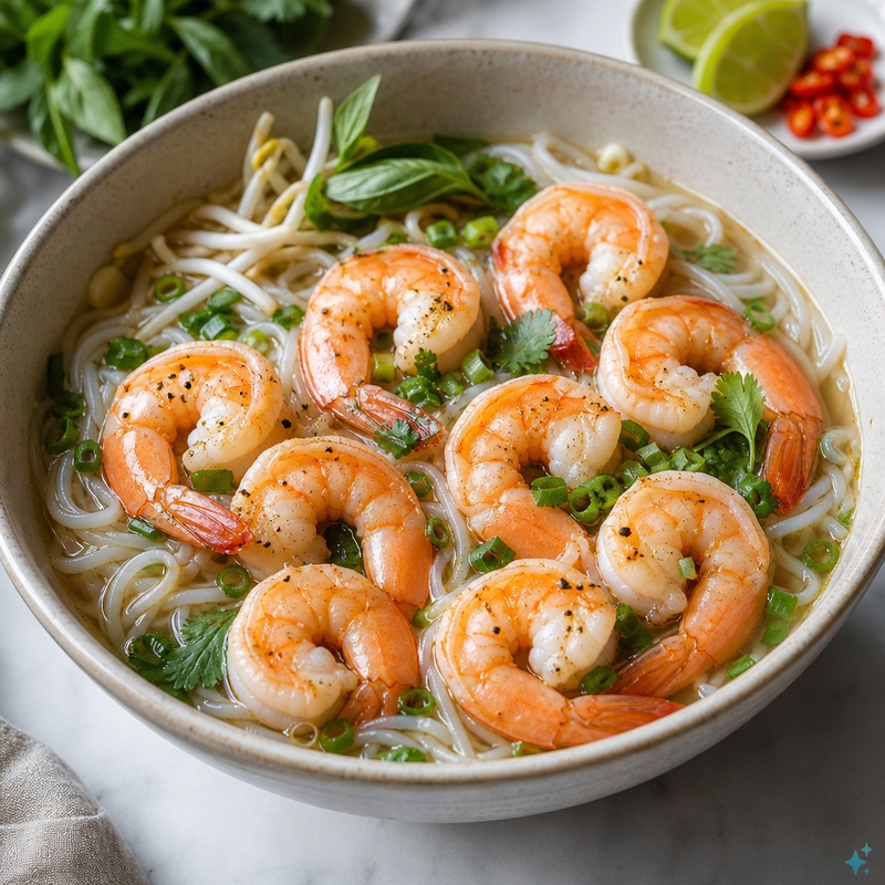 Hãy tạo cho tôi một hình ảnh bao gồm 8 con tôm chính và những sợi mì . Với đặc điểm phong...