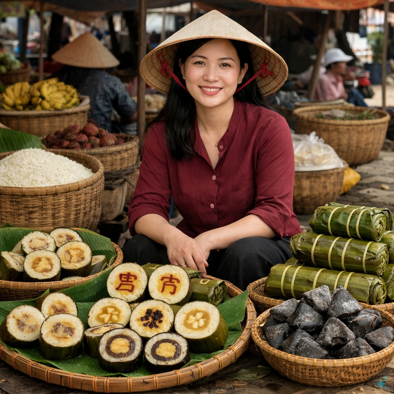 Cách tạo chị gái này ngồi bán bánh tét có chữ loại nhân đậu mỡ nhân chuối nú tro thơm...