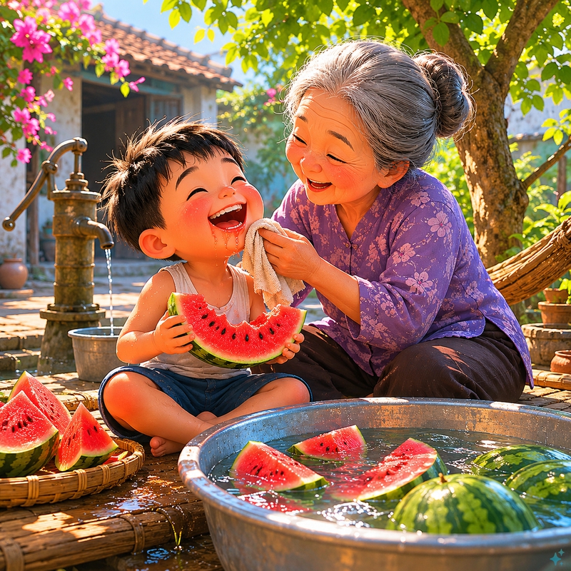 Buổi trưa, bà nội làm món dưa hấu để trong bể nước giếng. Tí bổ một miếng to tướng, nước...