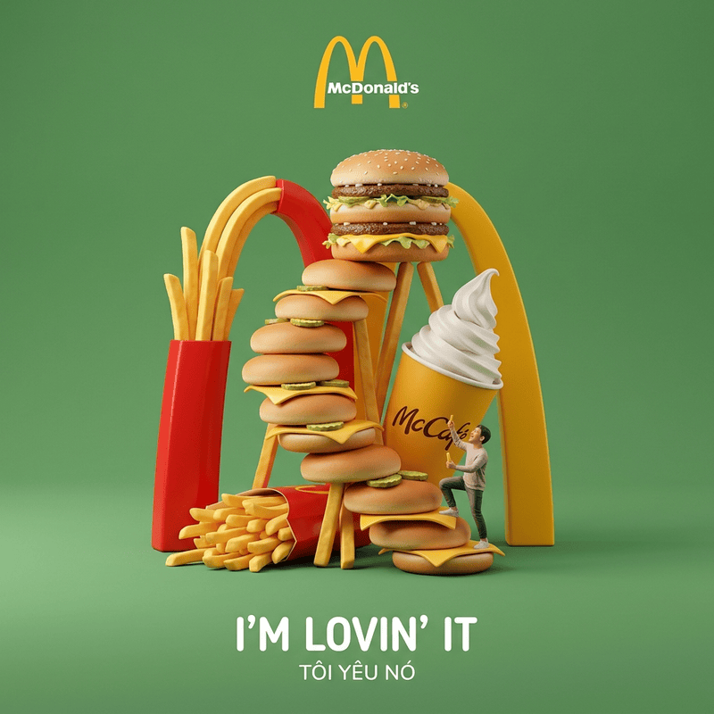 Tạo một quảng cáo 3D sáng tạo cho [Macdonald], với hình ảnh một vật thể siêu thực được...