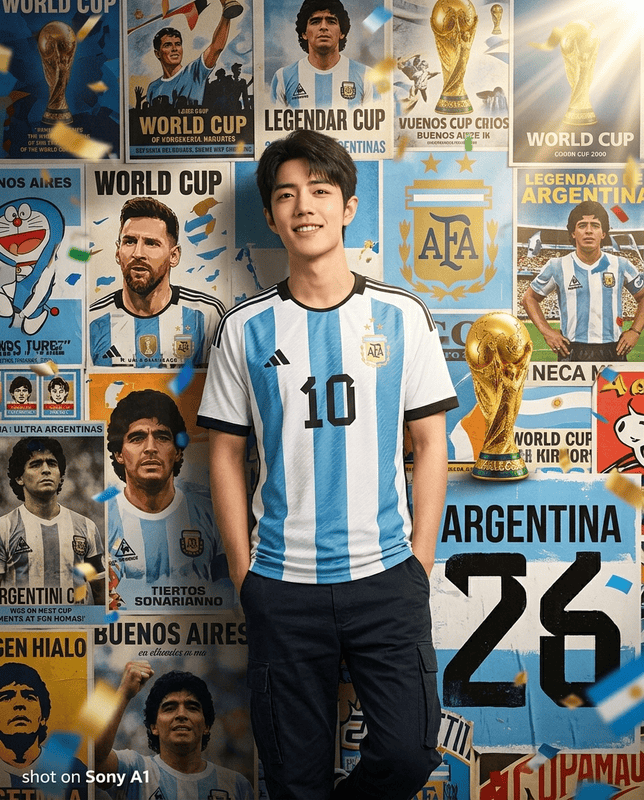 Ultra-realistic sports advertising poster featuring a young Argentine...