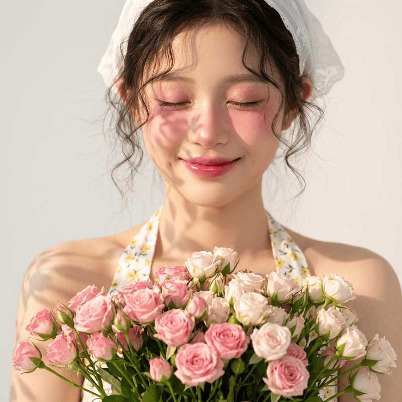 E-up, high-fashion editorial portrait of a young woman with a soft, joyful...