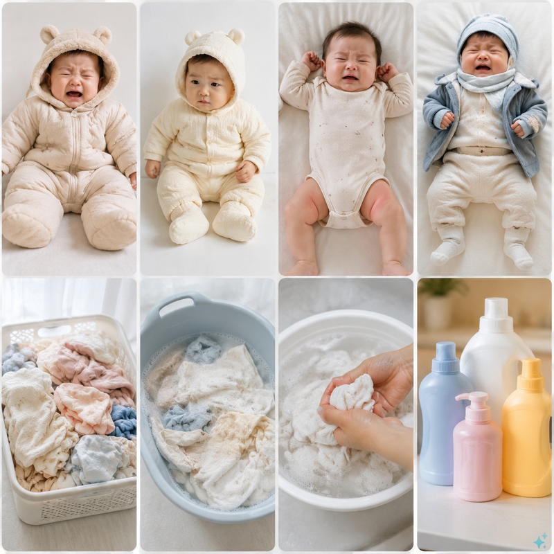 hình ảnh sai lầm khi chọn đồ mùa đông cho bé sơ sinh: quá dày, quá cứng, size vừa khít,...
