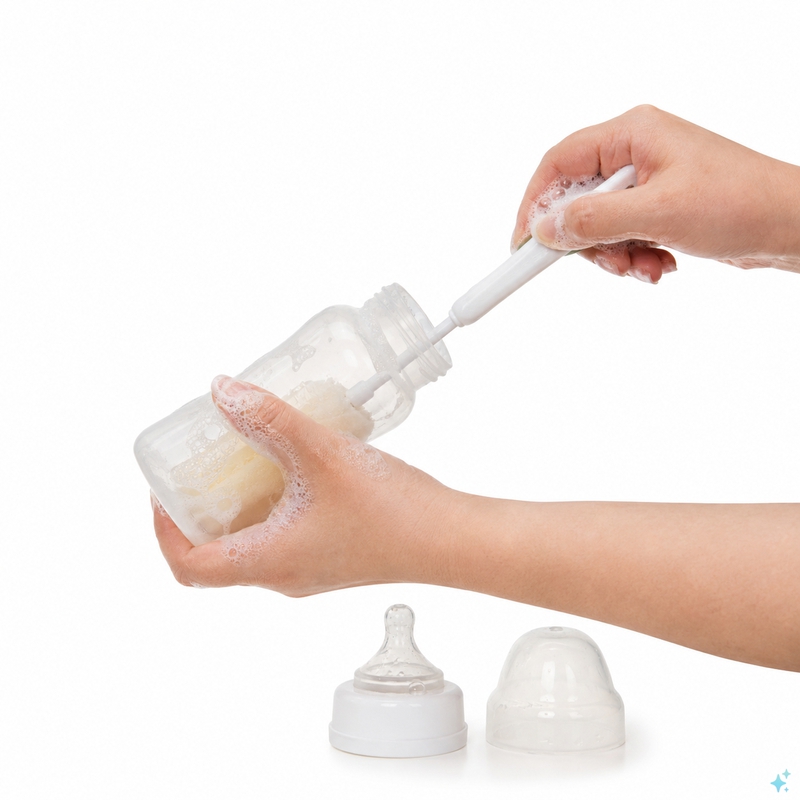 hình ảnh bàn tay đang rửa bình sữa cho bé, nền trắng . Với đặc điểm phong cách thực tế ....