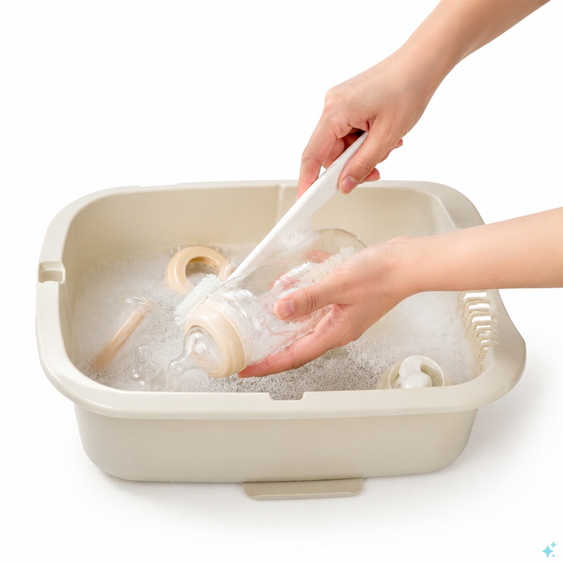 hình ảnh bàn tay đang rửa bình sữa cho bé, nền trắng, thêm cả chậu rửa bình sữa cho bé,...