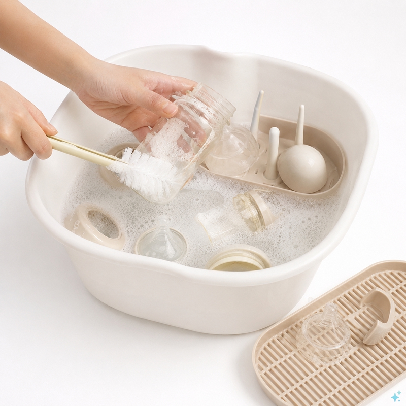 hình ảnh bàn tay đang rửa bình sữa cho bé, nền trắng, thêm cả chậu rửa bình sữa cho bé ....