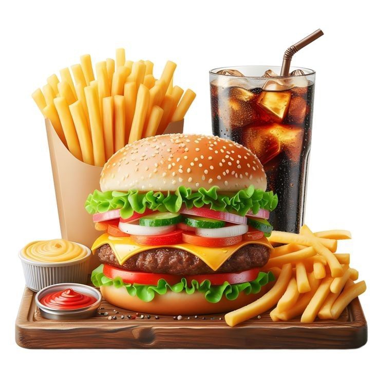 Thức ăn nhanh, burger, khoai tây chiên, nước ngọt