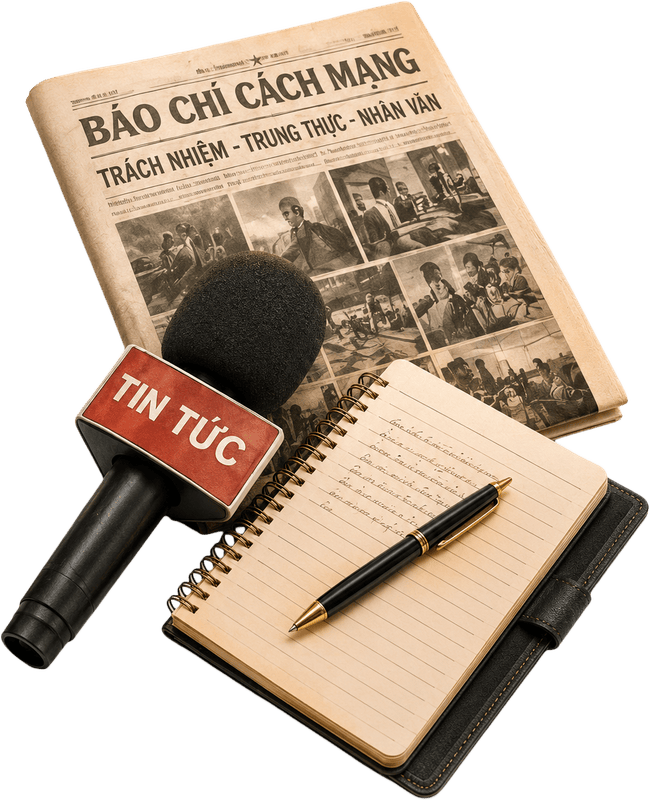 Tờ báo, sổ tay, micro