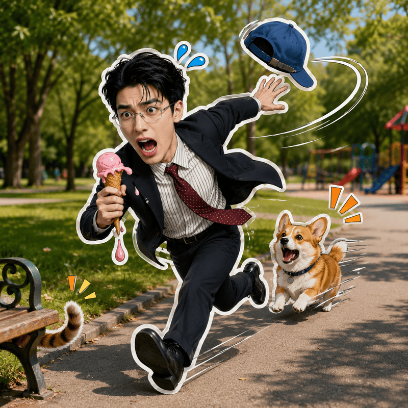A vibrant and humorous 3D sticker design is superimposed onto a realistic...