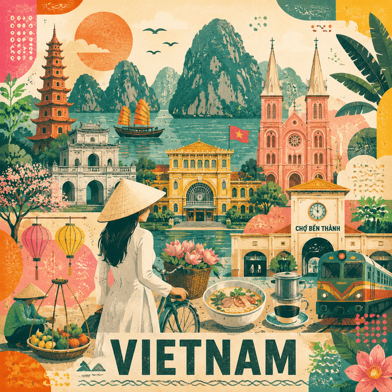 Hãy tạo một áp phích du lịch hiện đại, phong cách lấy cảm hứng từ kỹ thuật in...