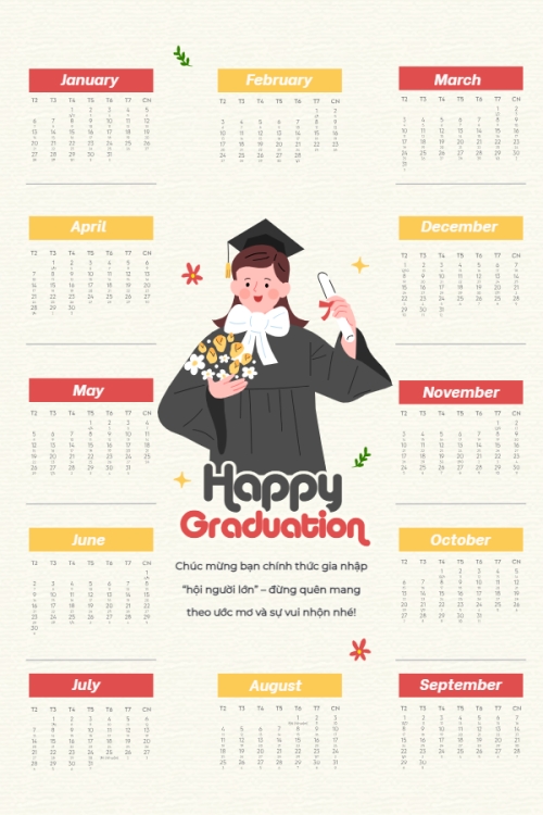 Mẫu thiết kế Lịch đơn treo tường Tốt nghiệp, kỉ yếu, Graduation, yearbook, dễ thương, cute
