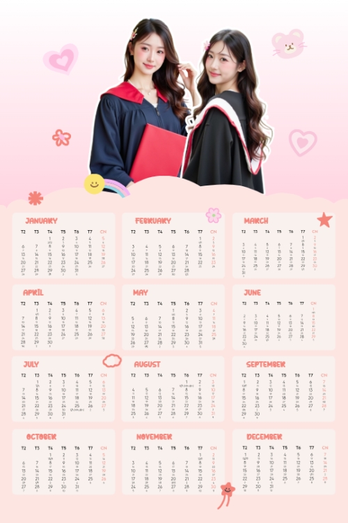 Mẫu thiết kế Lịch đơn treo tường Tốt nghiệp, kỉ yếu, Graduation, yearbook, dễ thương, cute