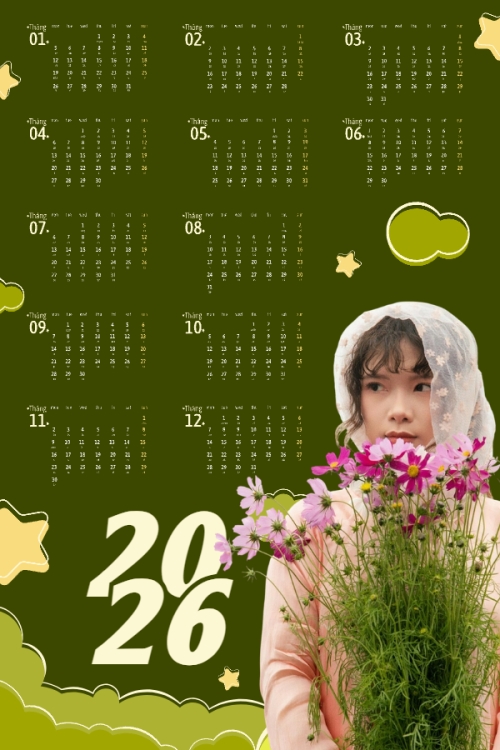 Mẫu thiết kế Lịch đơn treo tường Tết, Xuân, Bính Ngọ, năm 2026, 2026, cá nhân, nhân vật, personal style, signature, dễ thương, cute