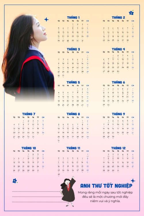 Mẫu thiết kế Lịch đơn treo tường Tốt nghiệp, kỉ yếu, Graduation, Tết, Xuân, Bính Ngọ, năm 2026, 2026, cá nhân, nhân vật, personal style, signature, dễ thương, cute