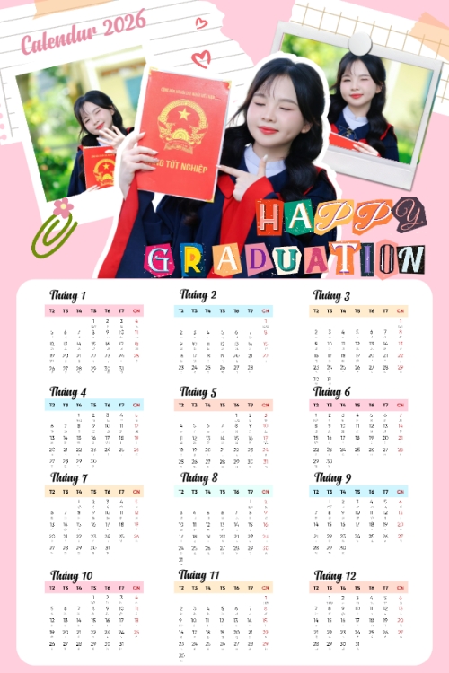 Mẫu thiết kế Lịch đơn treo tường Tốt nghiệp, kỉ yếu, Graduation, Tết, Xuân, Bính Ngọ, năm 2026, 2026, cá nhân, nhân vật, personal style, signature, dễ thương, cute