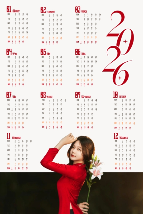 Mẫu thiết kế Lịch đơn treo tường Tết, Xuân, Bính Ngọ, năm 2026, 2026, cá nhân, nhân vật, personal style, signature, đơn giản, simple