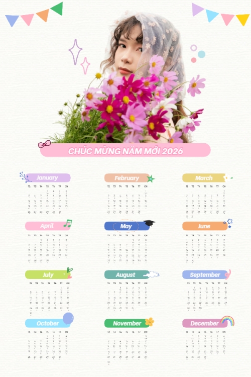 Mẫu thiết kế Lịch đơn treo tường Tết, Xuân, Bính Ngọ, năm 2026, 2026, cá nhân, nhân vật, personal style, signature, dễ thương, cute