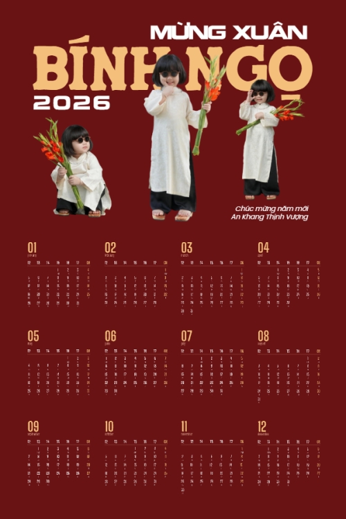 Mẫu thiết kế Lịch đơn treo tường Tết, Xuân, Bính Ngọ, năm 2026, 2026, cá nhân, nhân vật, personal style, signature, dễ thương, cute