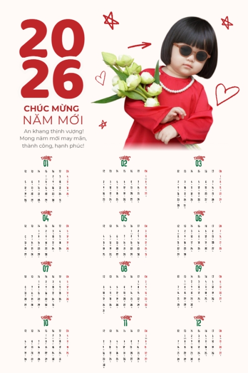 Mẫu thiết kế Lịch đơn treo tường Tết, Xuân, Bính Ngọ, năm 2026, 2026, cá nhân, nhân vật, personal style, signature, dễ thương, cute