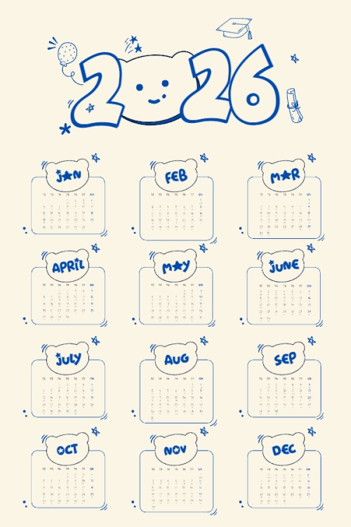 Mẫu thiết kế Lịch đơn treo tường Tết, Xuân, Bính Ngọ, năm 2026, 2026, dễ thương, cute