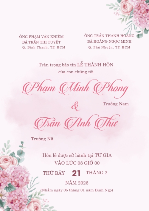 Thiệp cưới hoa hồng màu nước