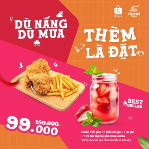 Gà, gà rán, trà dâu, nước uống, đồ ăn, food, thực phẩm, ẩm thực, món ăn, F&B, nhà hàng, thức ăn, dễ thương, hiện đại	