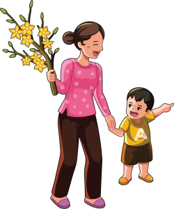 Chợ Tết, chibi, mẹ, bé, mom, boy